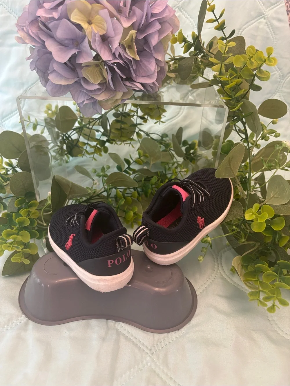 Ralph Lauren navy blue mesh Kids Sneakers with Pink Logo Accents